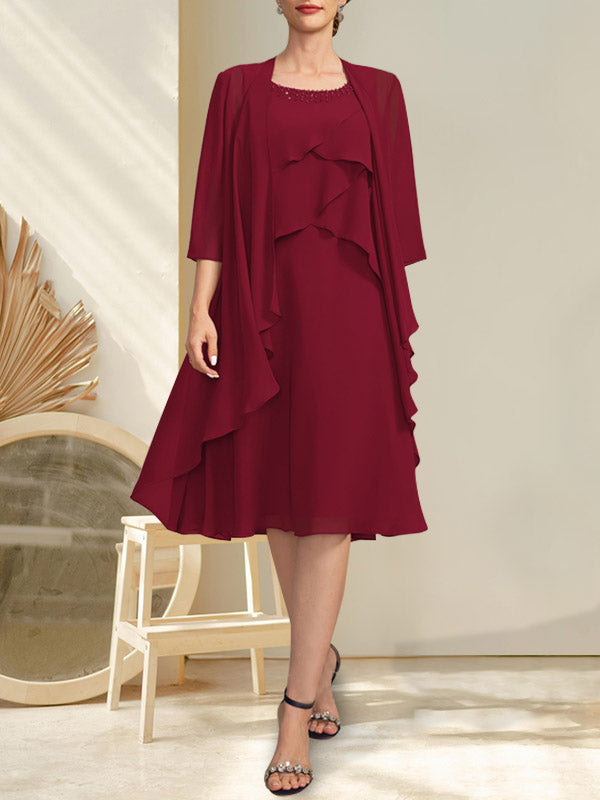 Vestido de gasa para madre de la novia con escote en A y escote redondo hasta la rodilla con cuentas
