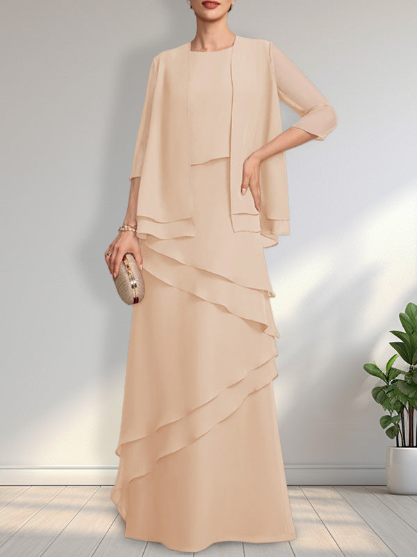 Vestido de gasa para madre de la novia con escote redondo y largo hasta el suelo