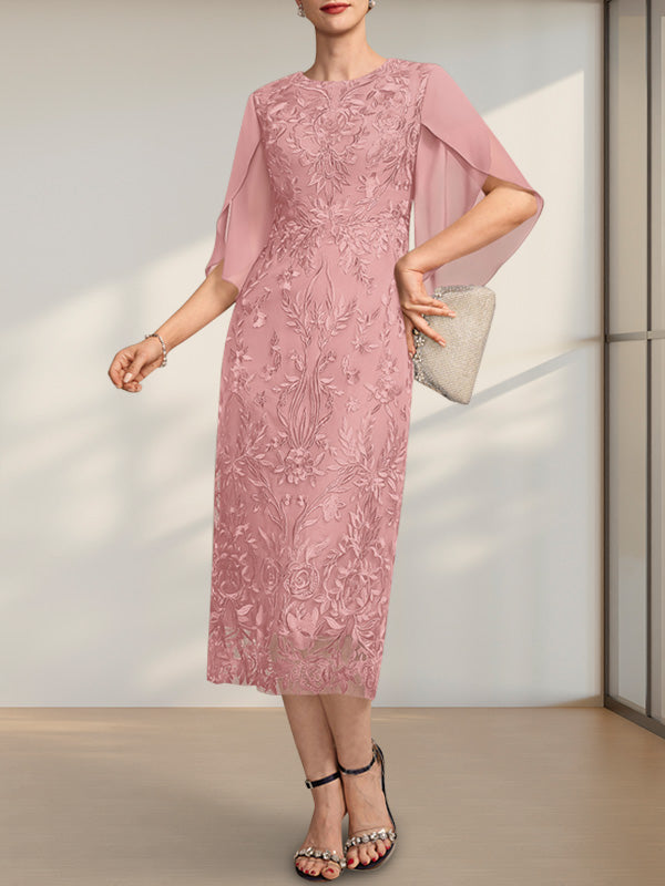 Vestido para madre de la novia de gasa con encaje, corte tubo, escote redondo y largo hasta la rodilla