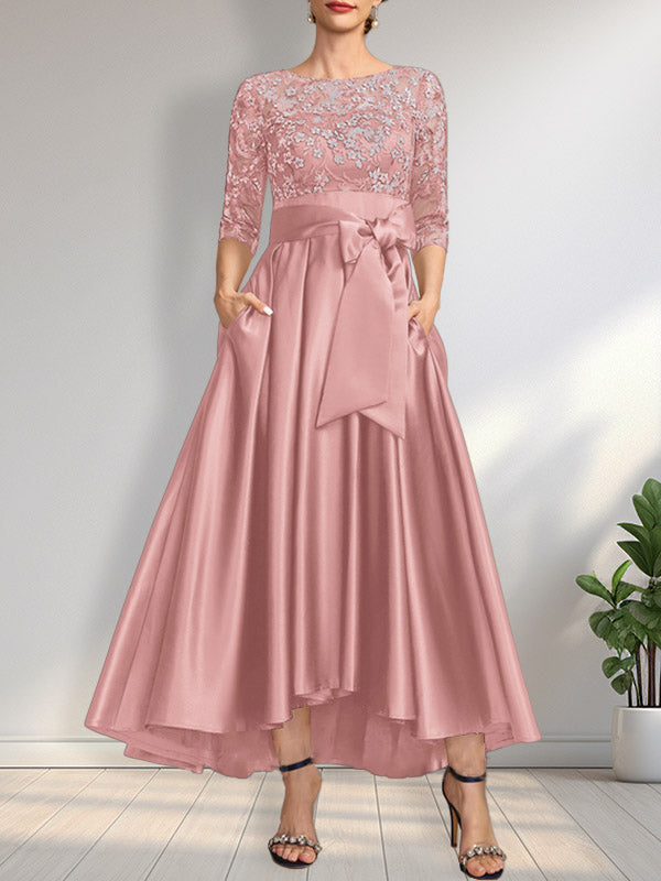 Vestido de madre de la novia de encaje satinado asimétrico con ilusión de corte A y lazo