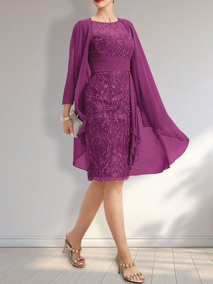 Vestido de madre de la novia de gasa con encaje, escote redondo, ilusión, largo hasta la rodilla, con volantes en cascada y lentejuelas