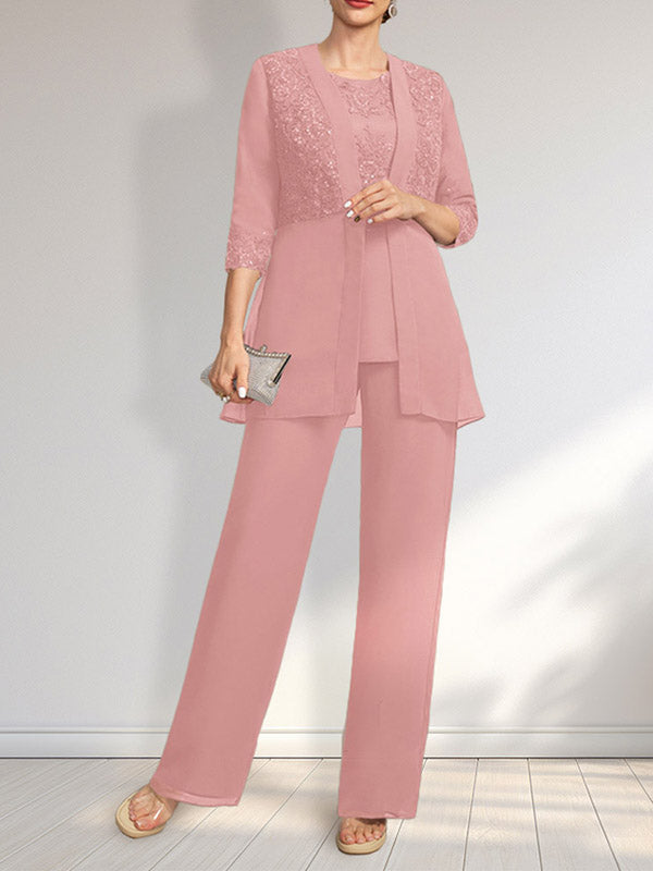 Jumpsuit/Pantsuit Separates Scoop Floor-Length Chiffon Lace Mother of the Bride Dress With Sequins