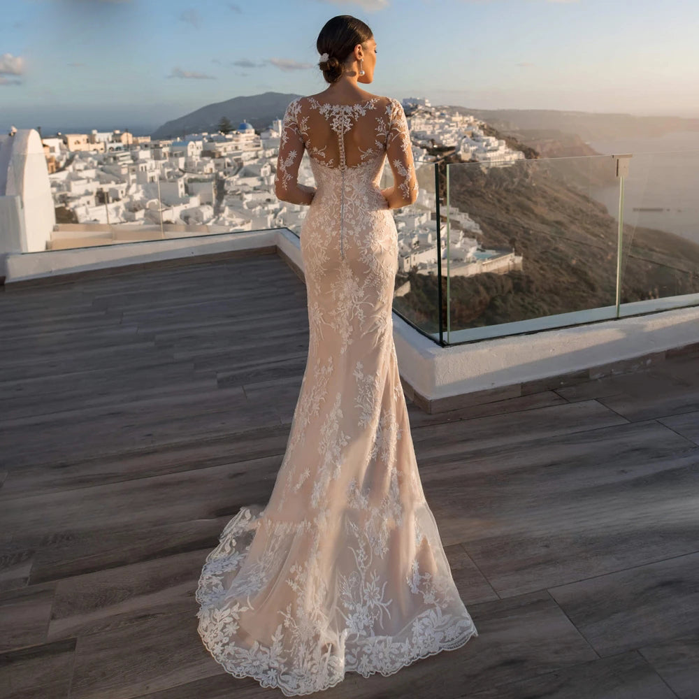 Gorgeous Long Sleeve Lace Mermaid Wedding Dresses Luxury Appliques Button Removable Train Horn Bridal Gowns Robe De Mariée-payinti