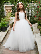 Klassisches weißes ärmelloses A-Linien-Blumenmädchenkleid aus Satin und Tüll 
