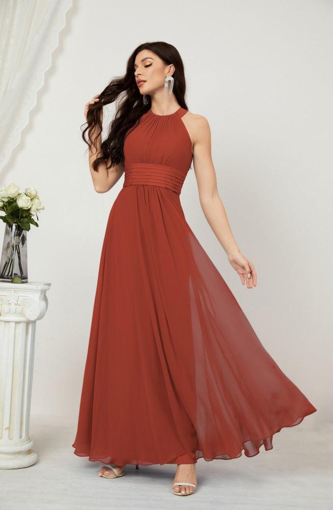 Vestido formal de fiesta Sunnderly de gasa con cuello halter, largo y sin mangas, para dama de honor SY2802 