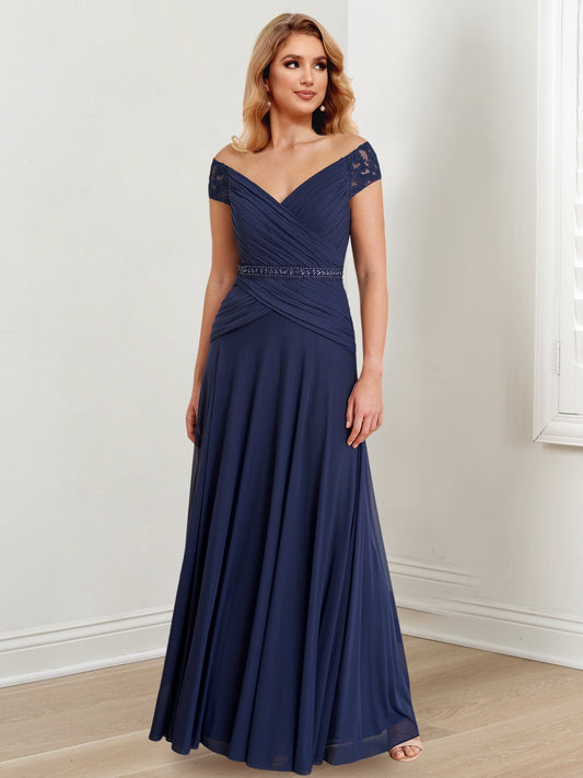Vestidos de madre de la novia de corte A/princesa, hombros descubiertos y largo hasta el suelo