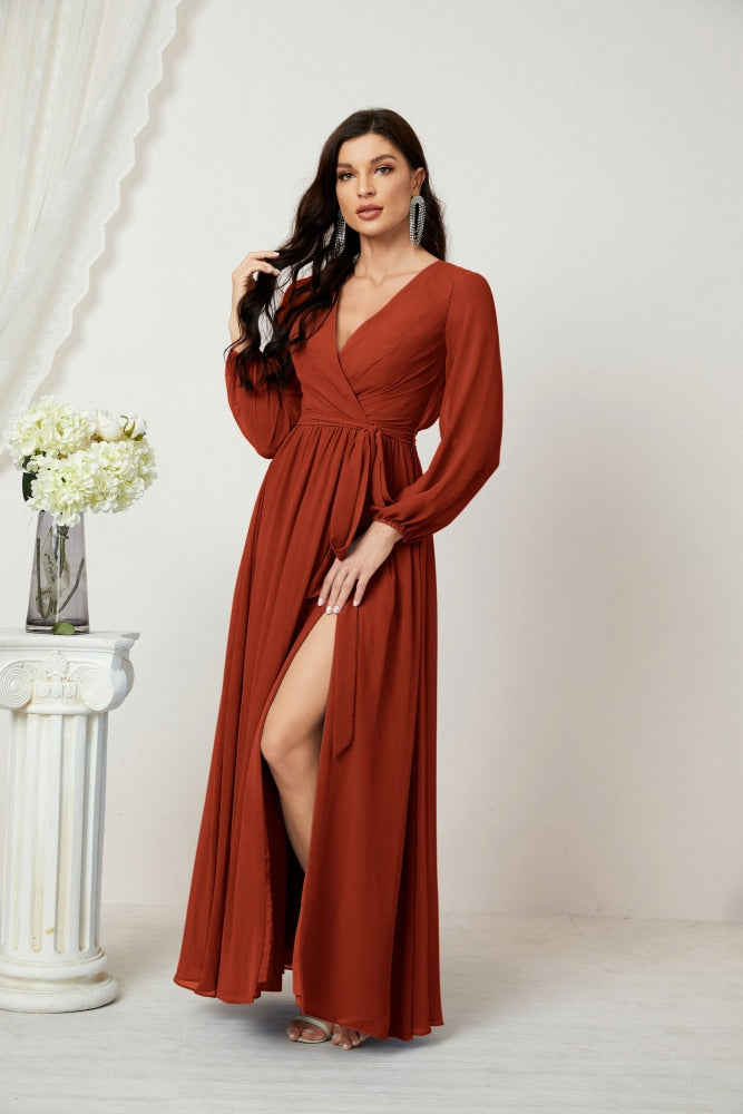 Vestidos de noche Sunnderly con escote en V profundo, gasa, para dama de honor, manga larga de obispo, abertura lateral, vestido formal SY2806 