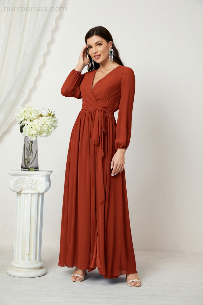 Vestidos de noche Sunnderly con escote en V profundo, gasa, para dama de honor, manga larga de obispo, abertura lateral, vestido formal SY2806 