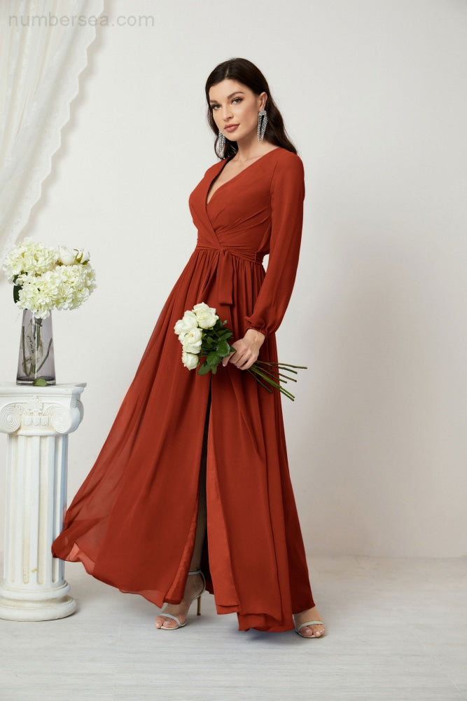 Vestidos de noche Sunnderly con escote en V profundo, gasa, para dama de honor, manga larga de obispo, abertura lateral, vestido formal SY2806 