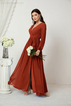 Vestidos de noche Sunnderly con escote en V profundo, gasa, para dama de honor, manga larga de obispo, abertura lateral, vestido formal SY2806 