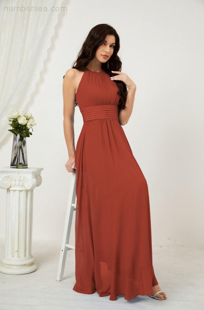 Vestido formal de fiesta Sunnderly de gasa con cuello halter, largo y sin mangas, para dama de honor SY2802 