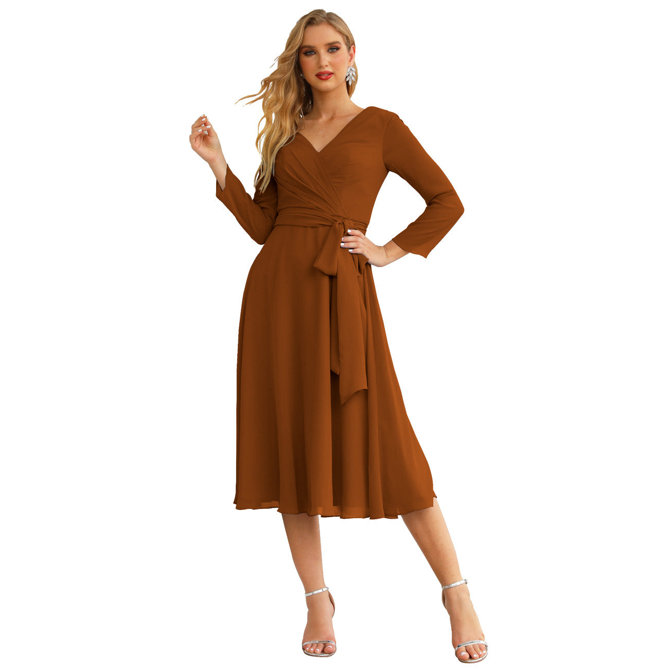 Sunnderly Chiffon Bridesmaid Dress V-Back Waist Belt Formal Prom Gown Mother of The Bride Wedding Guest