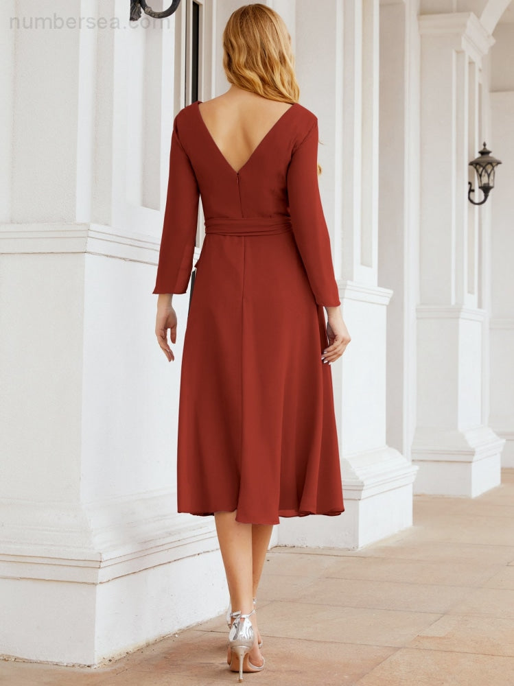 Vestido de dama de honor con escote en V y cinturón para madre de la novia, invitada de boda SY28031 