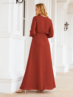 Sunnderly Women's Chiffon Bridesmaid Dress A line Long Sleeves Formal Evening Prom Gown for Wedding Guest SY28032