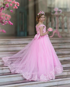 Vestido de fiesta/princesa de encaje con cola larga, color rosa, para cumpleaños