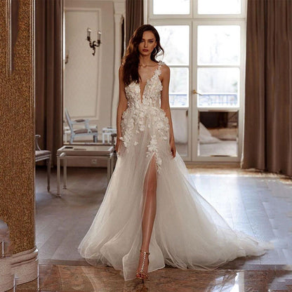 Sexy Backless Wedding Dresses For Woman V Neck Appliques Bridal Gowns Bohemian Princess Customize Tulle Vestidos-payinti