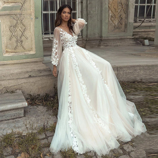 Charming Long Puffy Sleeves Wedding Dresses A-Line V Neck Appliques Open Back Sweep Train Bridal Gown Custom Made-payinti