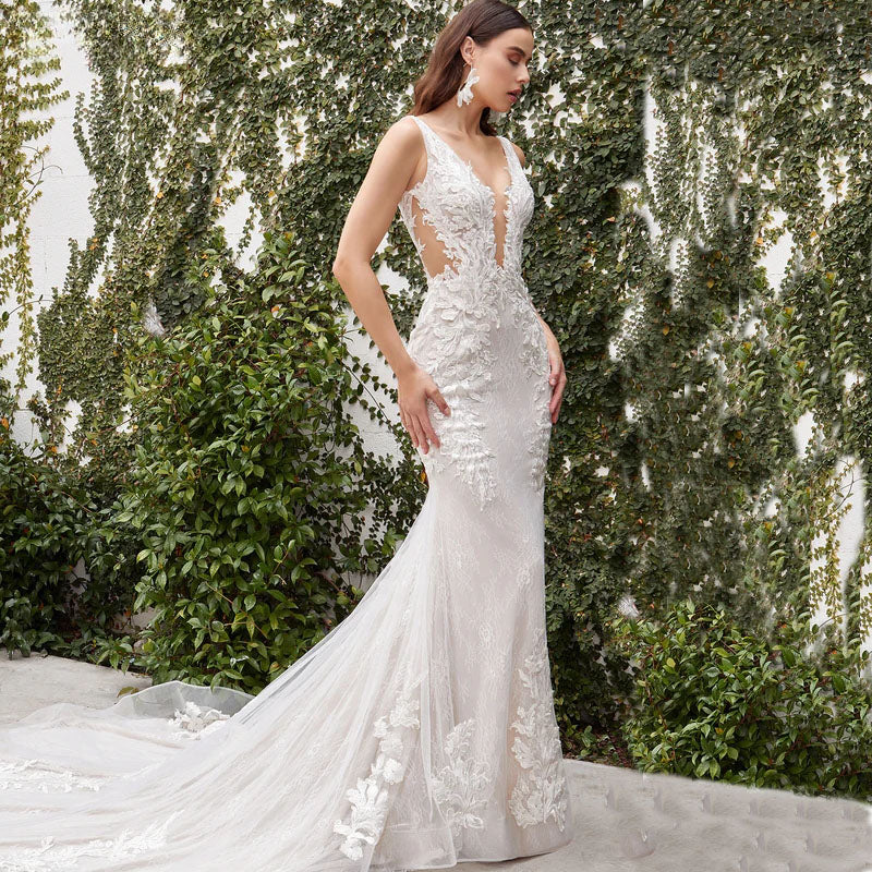 V-neck Wedding Dresses For Women 2024 Backless Mermaid Lace Appliques Floor-length Backless Customized Vestidos De Novia-payinti