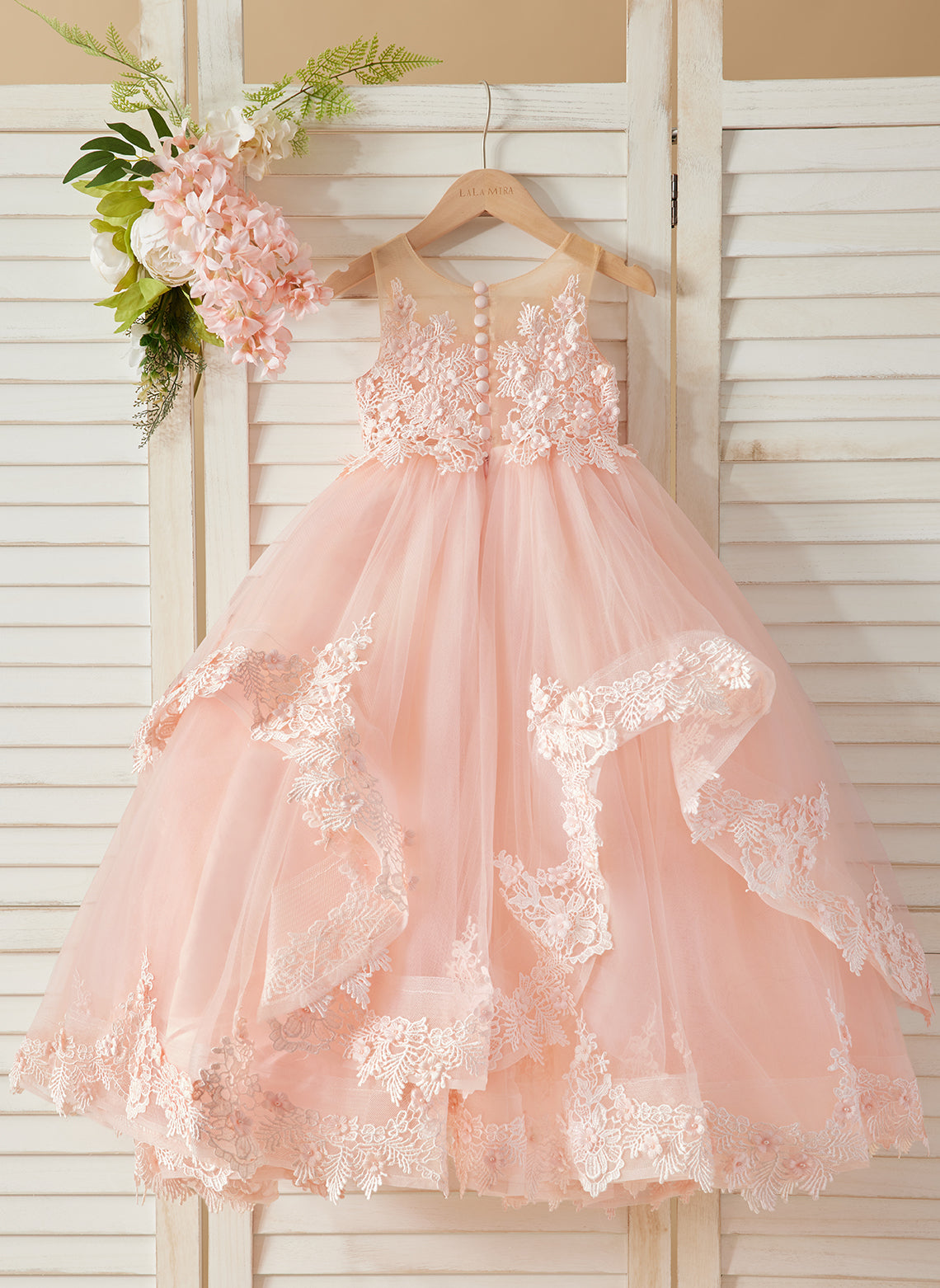 Ärmelloses Prinzessinnen-Tüllkleid mit Spitzenapplikationen und Schleppe für Mädchen 