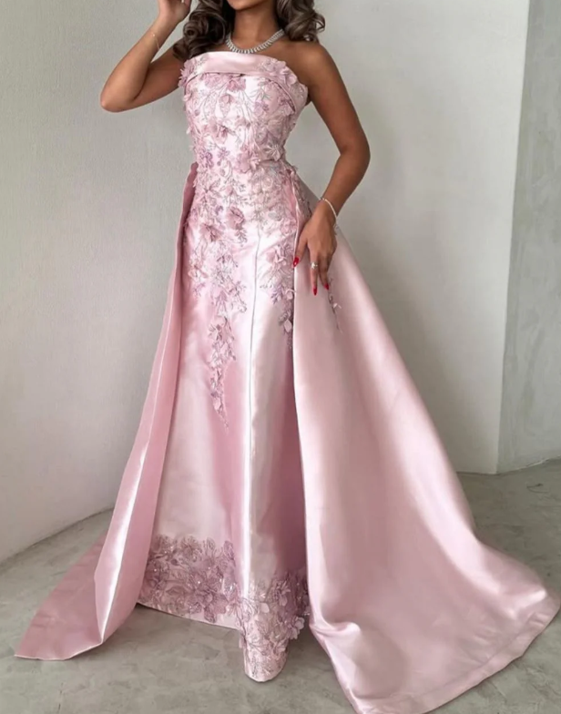 Wunderschönes rosa trägerloses Abendkleid mit Satin-Applikationen, formelles Ballkleid Y8427