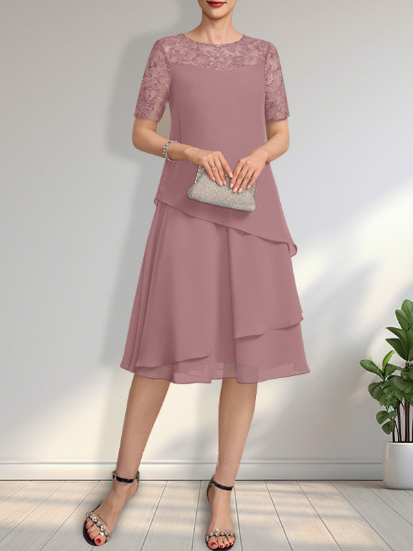 Vestido de gasa con encaje y lentejuelas para madre de la novia, corte A, escote ilusión, largo hasta la rodilla