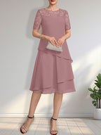 Vestido de gasa con encaje y lentejuelas para madre de la novia, corte A, escote ilusión, largo hasta la rodilla