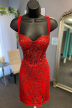 Myra | Rotes, kurzes Etuikleid mit Pailletten und Spitze