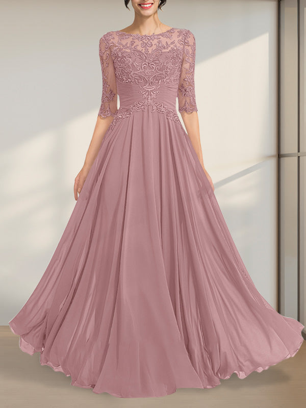 A-line Scoop Illusion Floor-Length Chiffon Lace Mother of the Bride Dress With Pleated Sequins