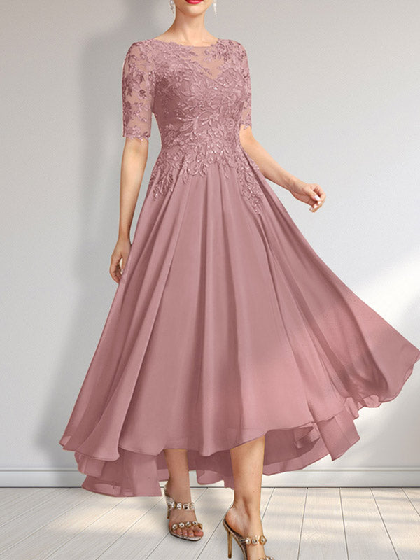 Vestido de madre de la novia de gasa asimétrica con encaje, ilusión, corte A y lentejuelas