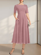 Vestido de gasa para madre de la novia, corte A, escote redondo, largo hasta la rodilla, con apliques de encaje y lentejuelas