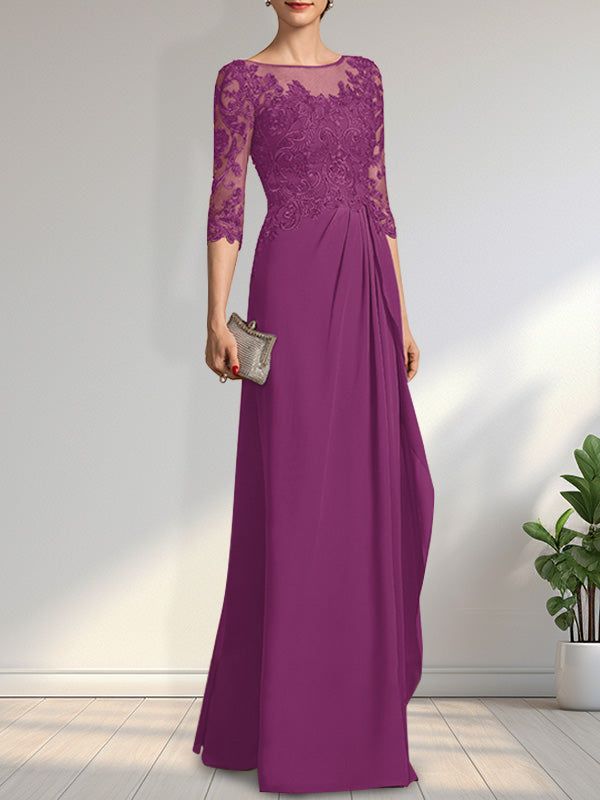 Vestido de gasa para madre de la novia con encaje, corte A, escote redondo, ilusión, largo hasta el suelo, con lentejuelas y abalorios y volantes en cascada