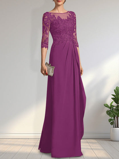 Vestido de gasa para madre de la novia con encaje, corte A, escote redondo, ilusión, largo hasta el suelo, con lentejuelas y abalorios y volantes en cascada