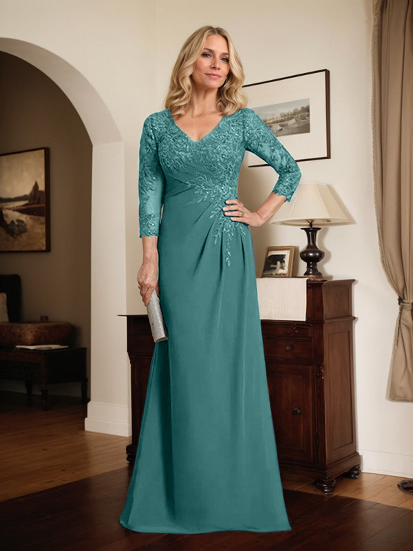 Vestido de madre de la novia de gasa con encaje, escote en V, ilusión, largo hasta el suelo, con lentejuelas plisadas