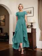 Vestido de madre de la novia de gasa asimétrica con escote en A, ilusión, encaje, lazo, volante y lentejuelas