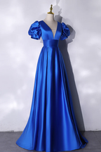 Vestido de fiesta largo de satén azul, vestido de noche sencillo Y241