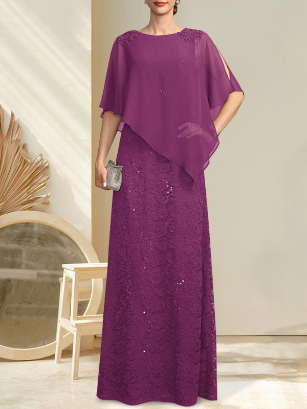 Vestido de madre de la novia de gasa con encaje, escote redondo y largo hasta el suelo, con lentejuelas y abalorios