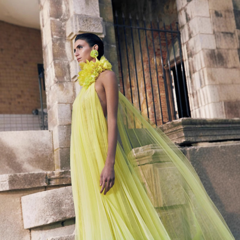 Hanging neck large open-back dress tulle robe maternity dress prom dress bride morning robe private dress