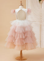 Vestido de princesa de tul rosa, largo hasta la rodilla, con mangas de plumas para niñas de las flores (010224240)