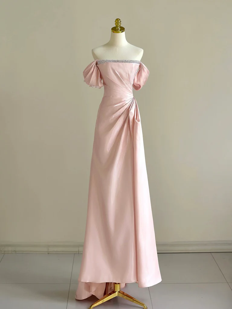 Hübsches schulterfreies langes rosa Ballkleid, formelles Abendkleid mit Perlen, Y8049