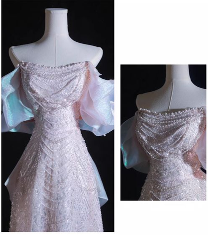 Rosa A-Linie Off-Shoulder Tüll Pailletten Perlen Langes Ballkleid Formales Abendkleid Y8050