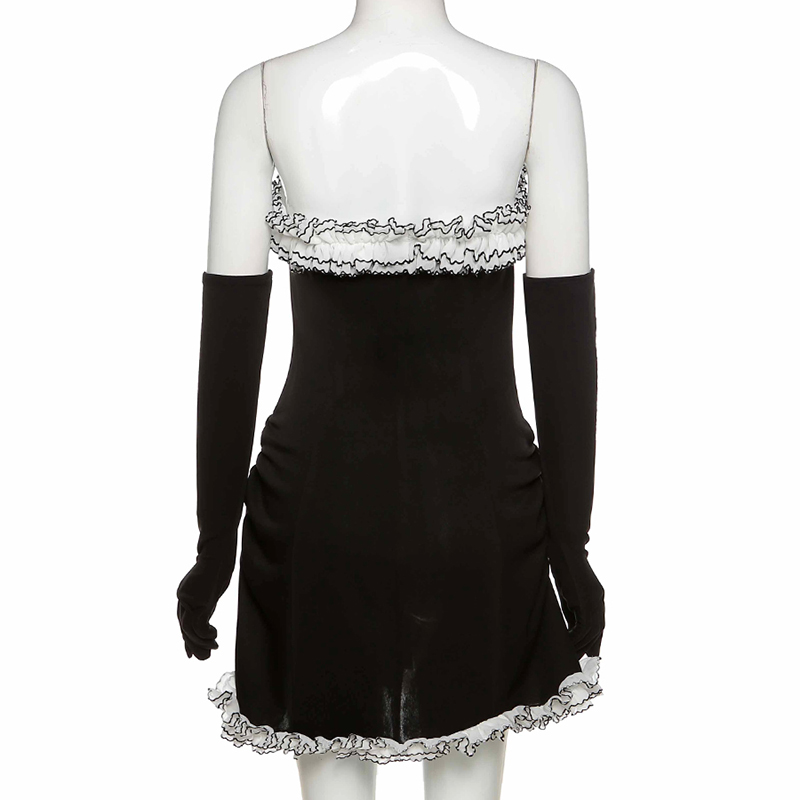 Schwarzer Party-Röhrenrock mit unregelmäßigem weißen Rüschen-Bandage-Kleid, schwarzes Homecoming-Kleid Y2617