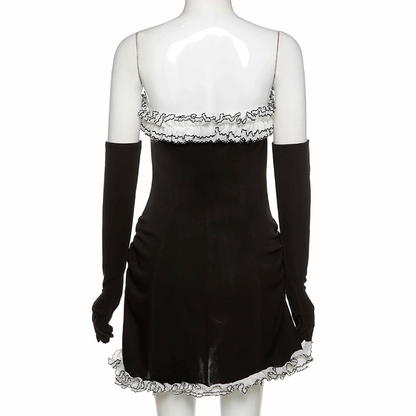 Vestido de fiesta negro con falda tubo y volantes blancos irregulares, vestido negro de regreso a casa Y2617