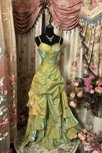 Vestido de fiesta largo de satén con tirantes finos, corte A, verde salvia, estilo vintage, con cuentas, Y8517