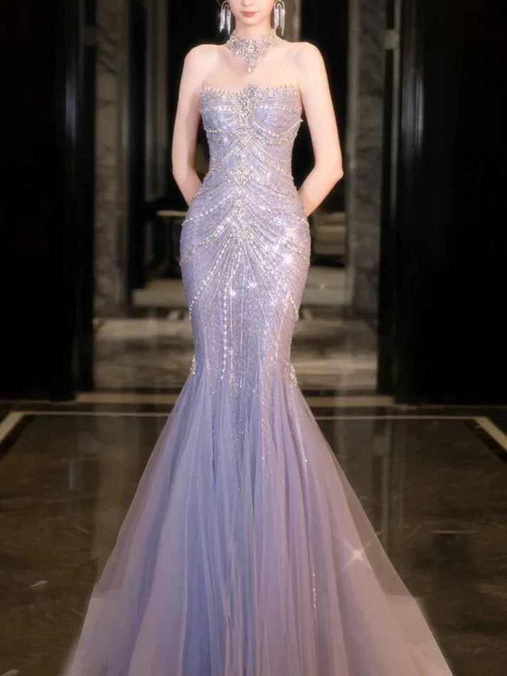 Gorgeous Lilac Tulle Beaded Wedding Prom Dress Mermaid Evening Dress Y ...