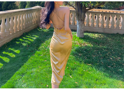 Sexy Neckholder V-Ausschnitt Partykleid Champagner Gold Abschlussball Abendkleid Y8211