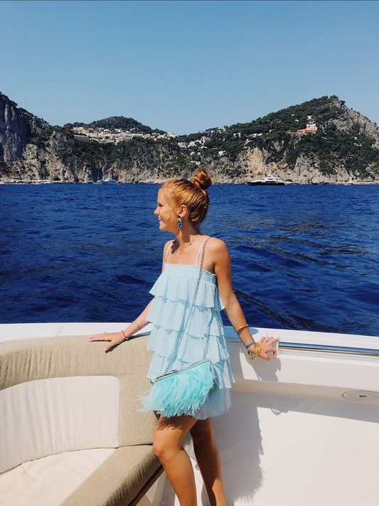 Vestido corto azul de capas para regreso a casa, vestido de verano para vacaciones Y415