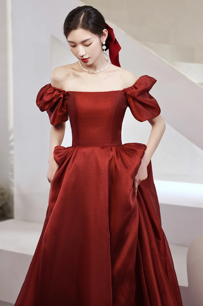 Burgundy Satin Long Prom Dresses, A-Line Short Sleeve Evening Dresses Y1170