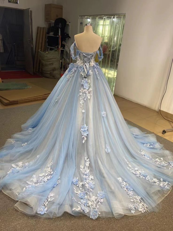 Ballkleid Blau Ballkleider Spitze Tüll Off Shoulder Abend Partykleid Y4561
