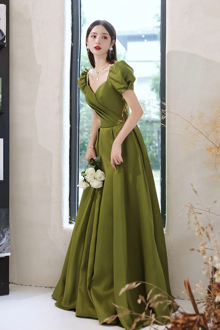 Vestidos de fiesta largos de satén verde, vestidos de noche de corte A Y7097