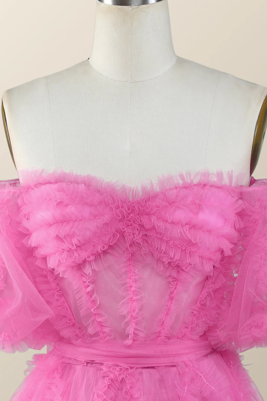 Schulterfreies, pinkes, kurzes A-Linien-Heimkehrkleid mit Rüschen Y2783